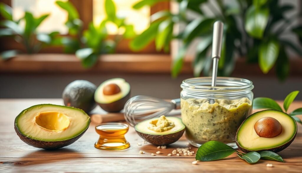 An artistic composition showcasing an avocado hair mask preparation scene. In the foreground, a vibrant green avocado cut in half reveals its creamy interior alongside a bowl filled with the fresh avocado mash, surrounded by natural ingredients like honey and olive oil. In the middle ground, a wooden table is adorned with a small whisk and a glass container holding the prepared hair mask, reflecting a sense of natural beauty and wellness. The background features soft, warm natural light streaming through a window, illuminating lush green plants that emphasize the organic theme. The overall atmosphere is soothing and inviting, conveying tranquility and self-care. An artistic composition showcasing an avocado hair mask preparation scene. In the foreground, a vibrant green avocado cut in half reveals its creamy interior alongside a bowl filled with the fresh avocado mash, surrounded by natural ingredients like honey and olive oil. In the middle ground, a wooden table is adorned with a small whisk and a glass container holding the prepared hair mask, reflecting a sense of natural beauty and wellness. The background features soft, warm natural light streaming through a window, illuminating lush green plants that emphasize the organic theme. The overall atmosphere is soothing and inviting, conveying tranquility and self-care.