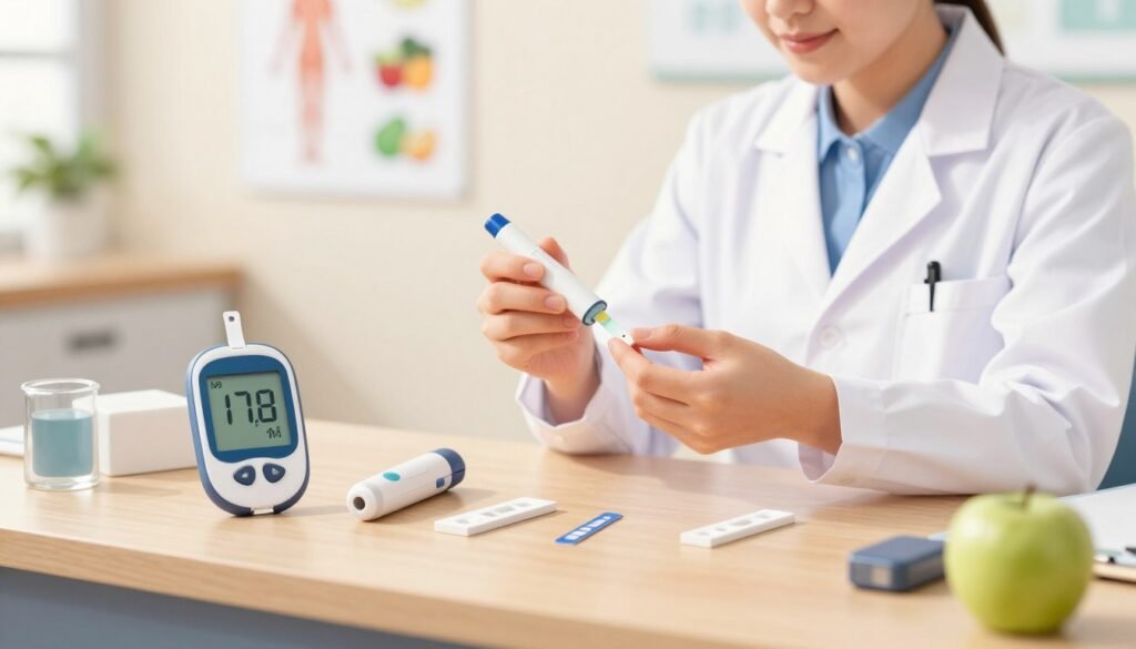 An informative and visually appealing medical illustration showcasing key indicators for monitoring blood sugar levels. In the foreground, feature a neatly organized table displaying medical devices such as a blood glucose meter, test strips, and lancets, all in a sleek and modern style. The middle ground should depict a healthcare professional, dressed in a lab coat, demonstrating the use of these devices with focused concentration. In the background, illustrate a softly lit clinic setting, with subtle medical charts and healthy food choices that suggest a balanced diet. The lighting should be bright yet warm, evoking a sense of care and professionalism. Capture a calm and informative atmosphere to engage readers effectively. An informative and visually appealing medical illustration showcasing key indicators for monitoring blood sugar levels. In the foreground, feature a neatly organized table displaying medical devices such as a blood glucose meter, test strips, and lancets, all in a sleek and modern style. The middle ground should depict a healthcare professional, dressed in a lab coat, demonstrating the use of these devices with focused concentration. In the background, illustrate a softly lit clinic setting, with subtle medical charts and healthy food choices that suggest a balanced diet. The lighting should be bright yet warm, evoking a sense of care and professionalism. Capture a calm and informative atmosphere to engage readers effectively.